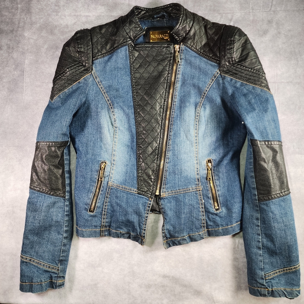 Paparazzi By Biz Stretch Denim Colorblock Bomber Zip Up Women Size Medium Jacket